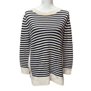 LOFT Striped 100% Cotton Knit Pullover Sweater Size M Navy Cream